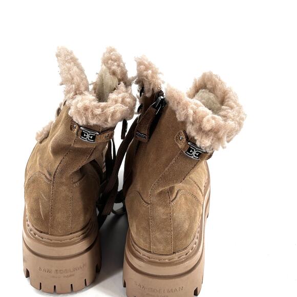 Sam Edelman Kyler 2 Lace Up Combat Boots 9.5 NWOT Tan Suede Fur Ankle Bootie Lug - Picture 6 of 11